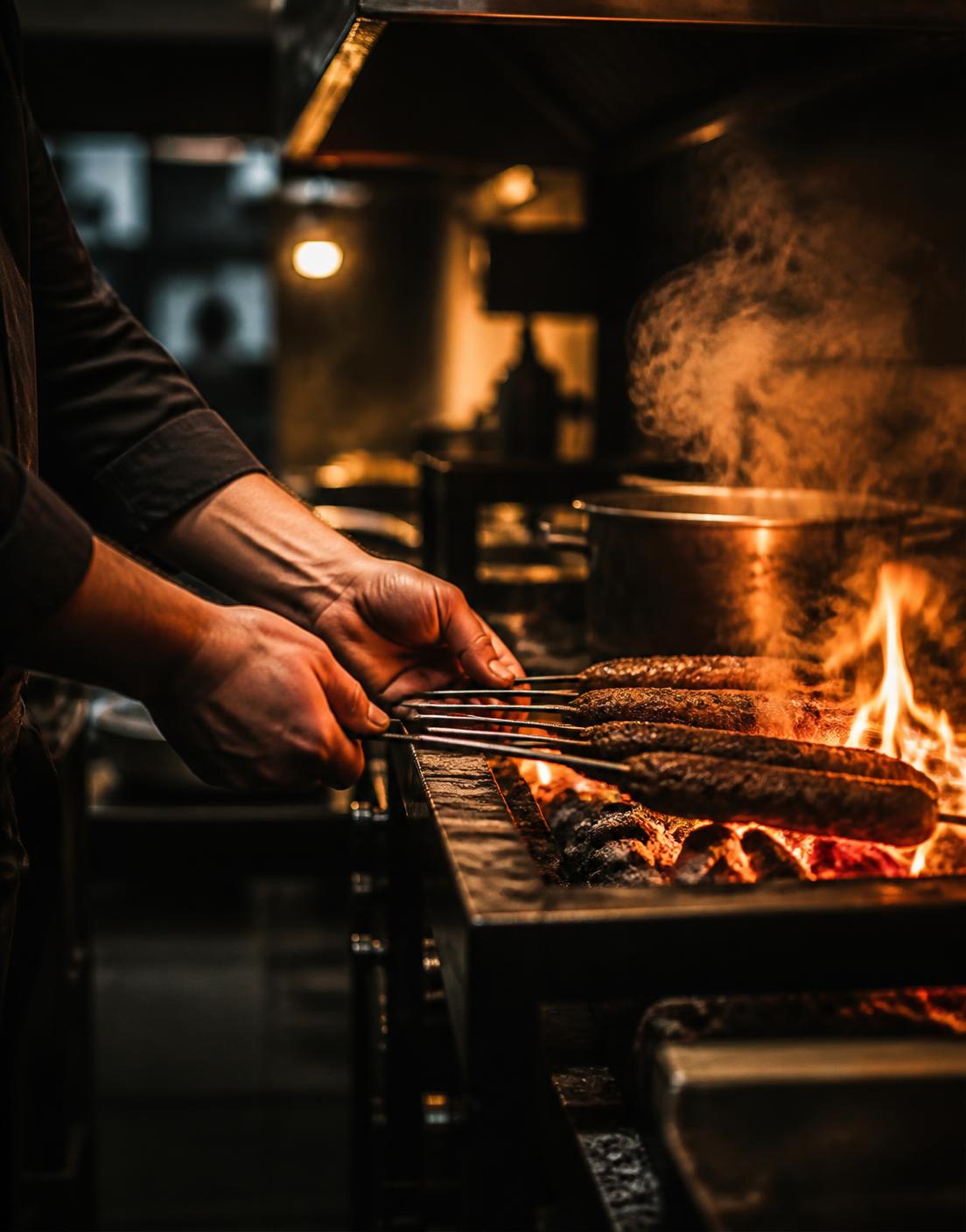 Chef turning kabob skewers over a charcoal grill