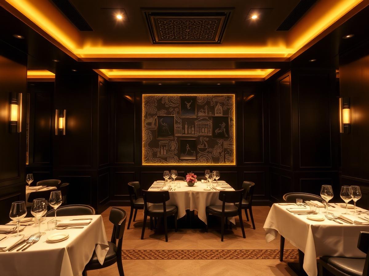 Warmly lit dining room with ivory linens